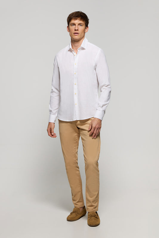 White slim-fit linen and cotton shirt with Rigby Go logo