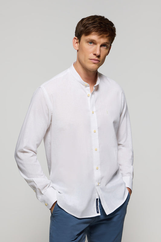 Camisa com gola mao em linho e algodão branca com logotipo Rigby Go