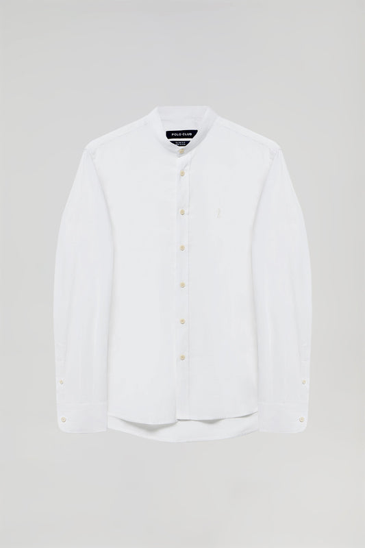 Camisa com gola mao em linho e algodão branca com logotipo Rigby Go