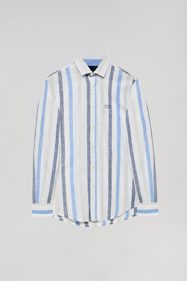 Camisa de algodão e linho com riscas azuis com logo Polo Club