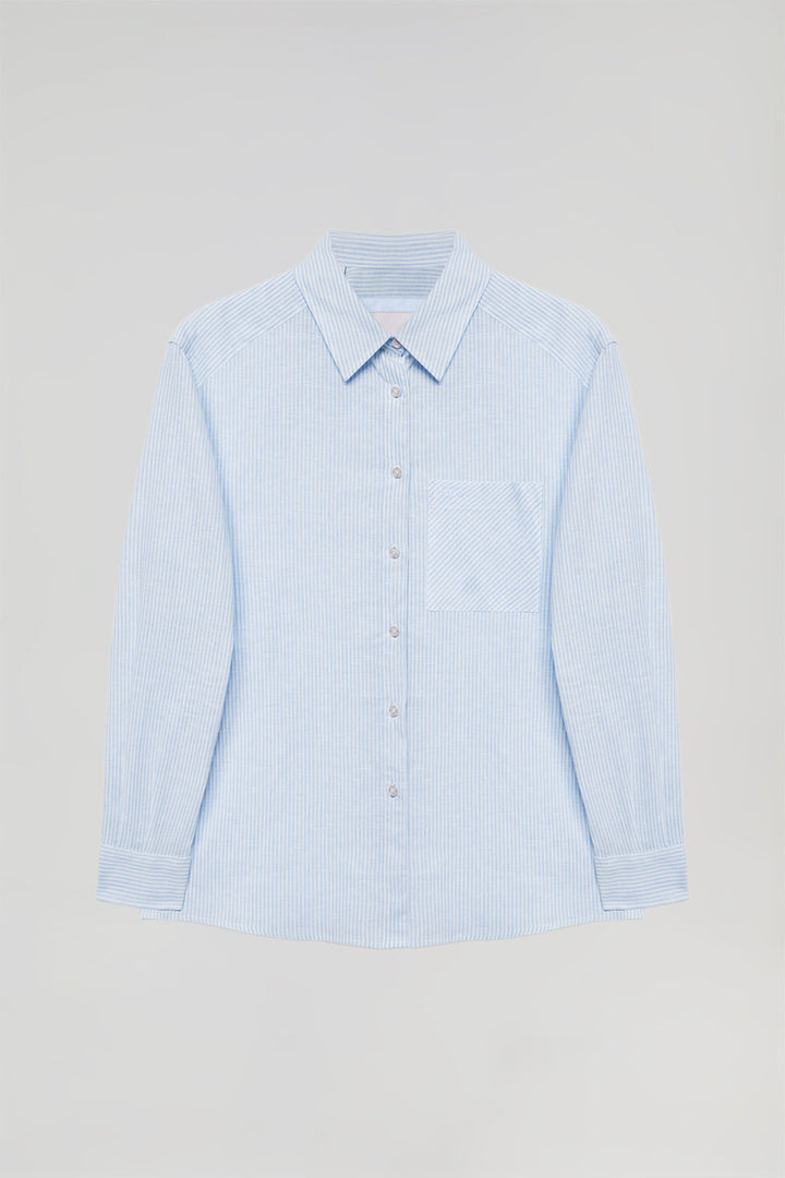 Camisa de rayas azul de lino y algodón con detalle Polo Club