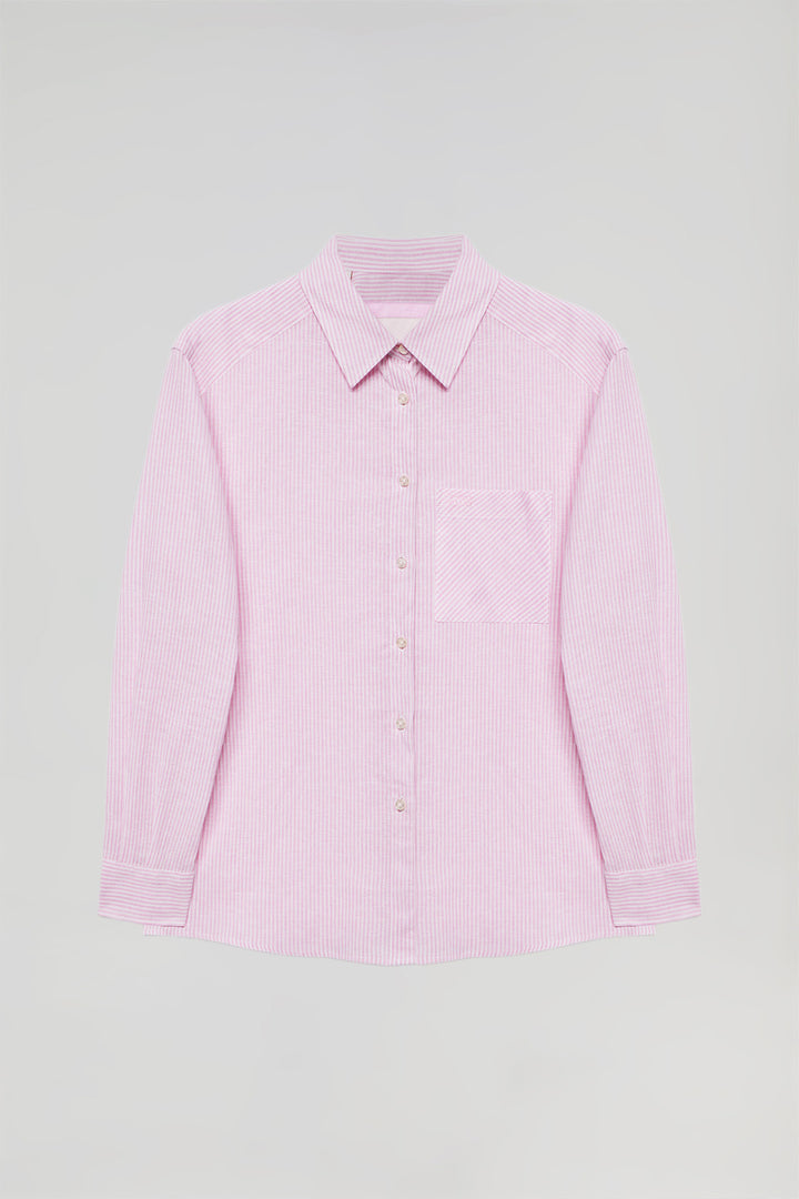 Camisa às riscas rosa de linho e algodão com pormenor Polo Club