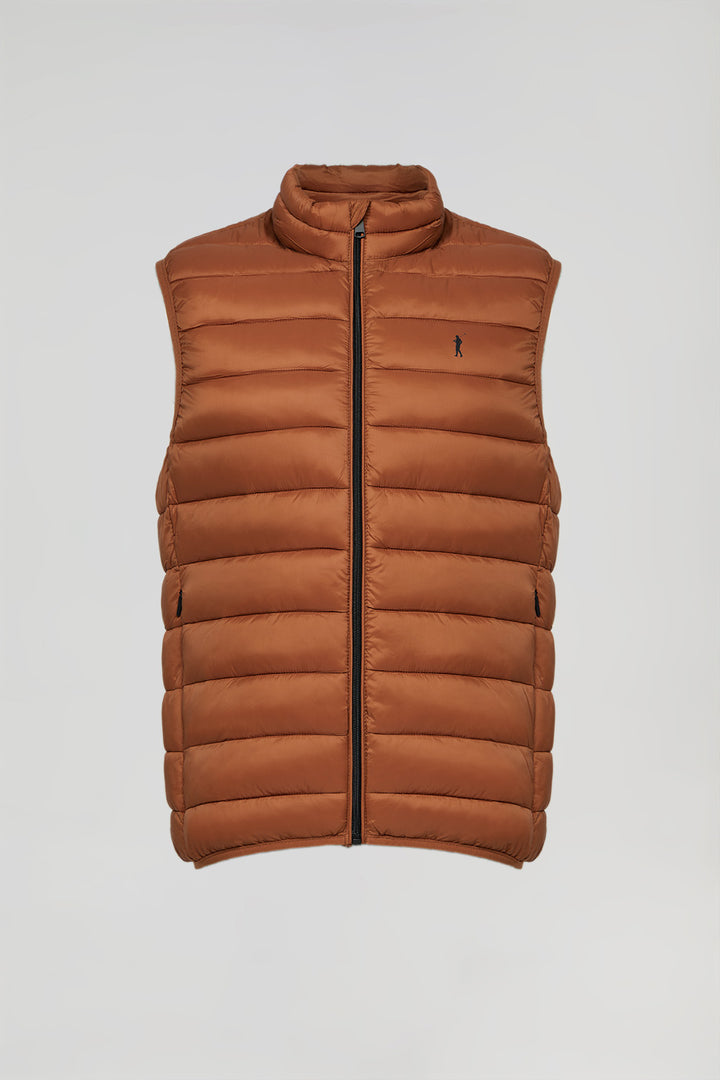 Brown light puffer vest with Rigby Go print
