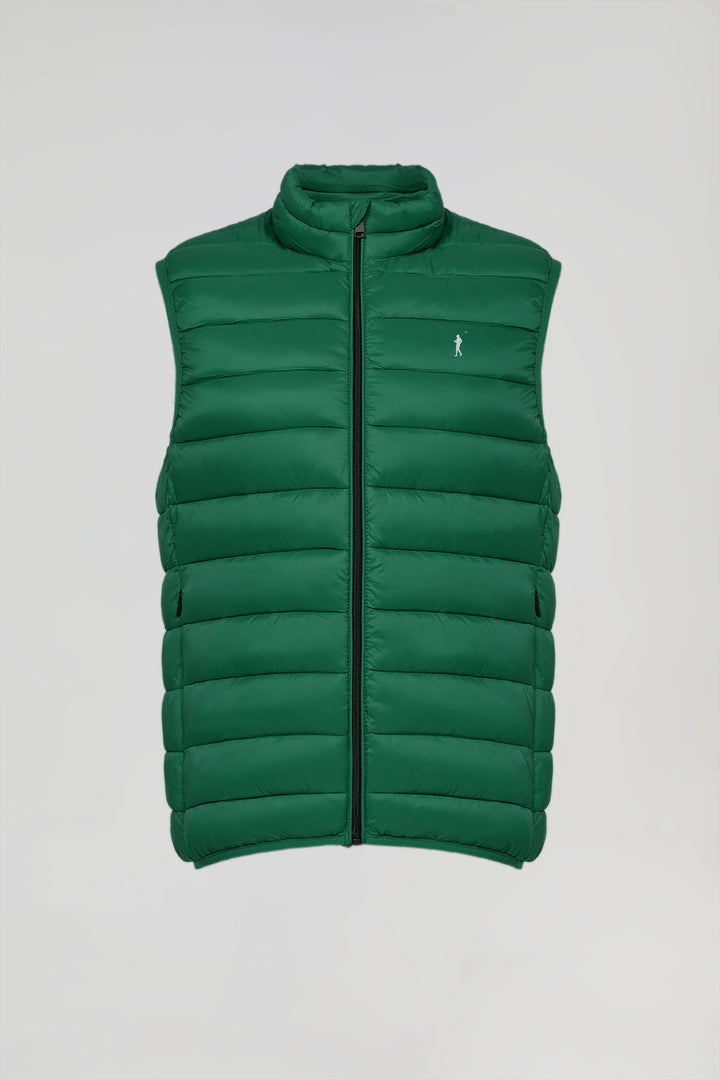 Forest-green light puffer vest with Rigby Go print