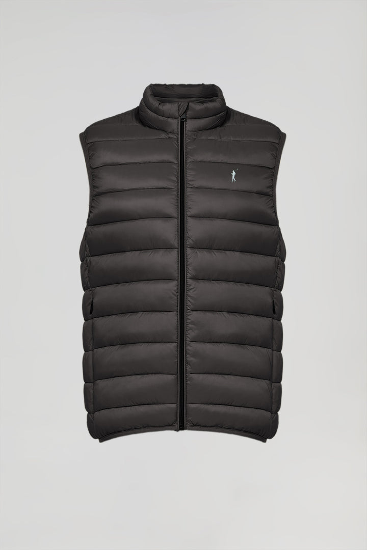Grey light puffer vest with Rigby Go print