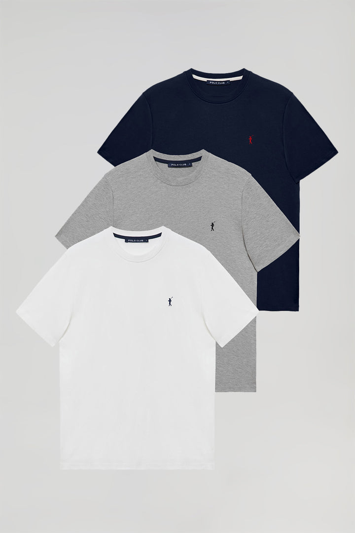 Pack de tres camisetas básicas azul marino, blanca y gris vigoré de manga corta y logo bordado
