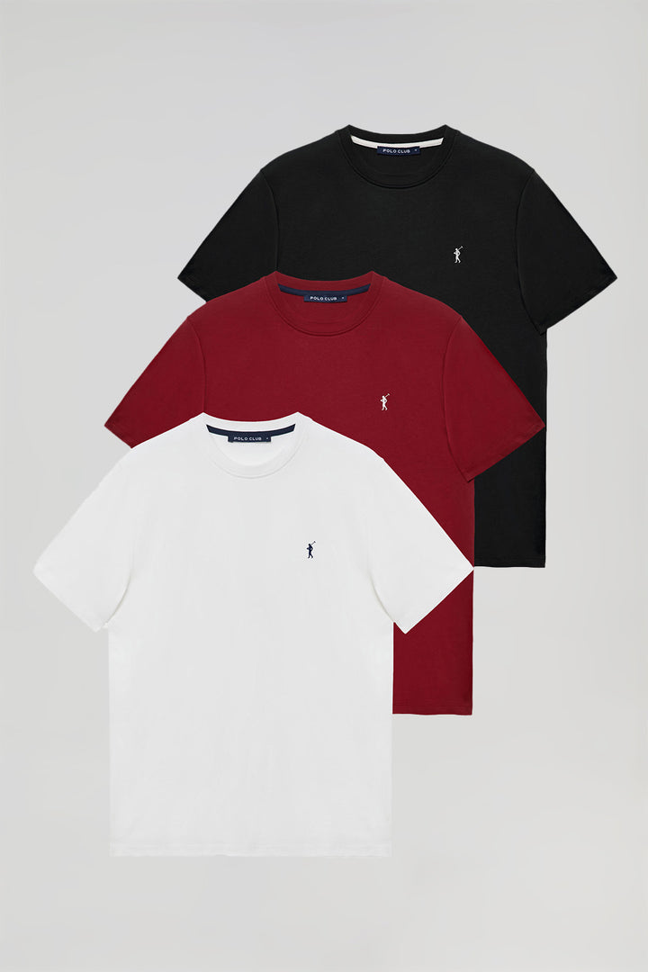 Pack de três t-shirts básicas branca, bordeaux e preta, com manga curta e logótipo bordado