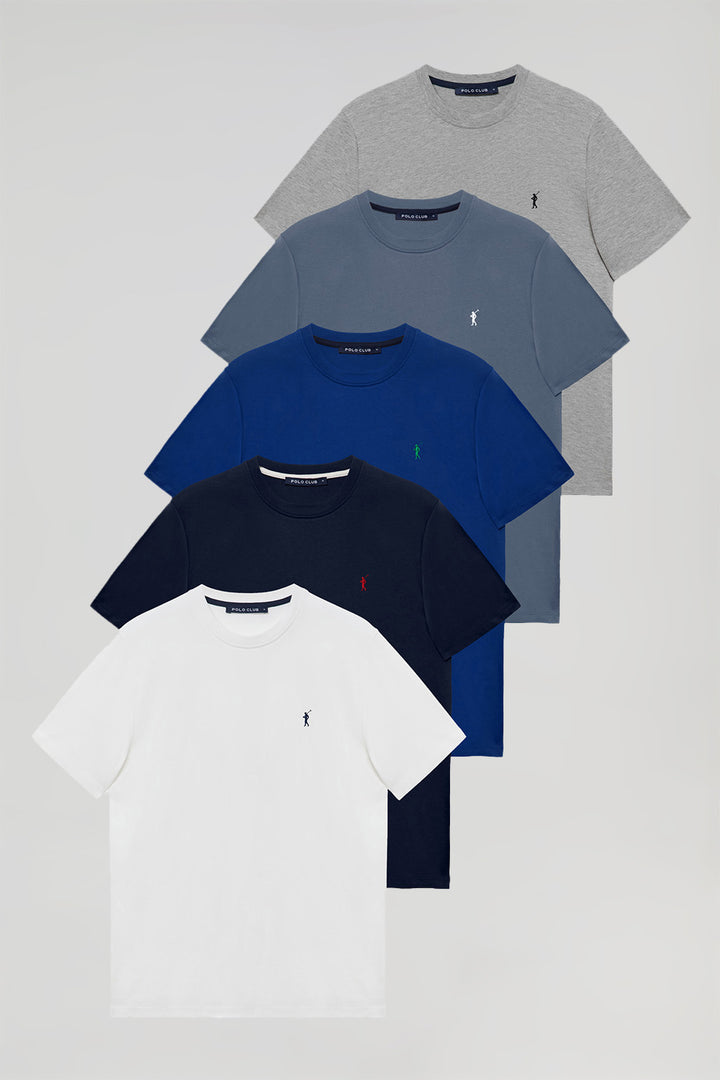 Pack de cinco t-shirts em azul marinho, branco, cinza vigoré, azul royal e azul denim, com decote redondo e logótipo bordado