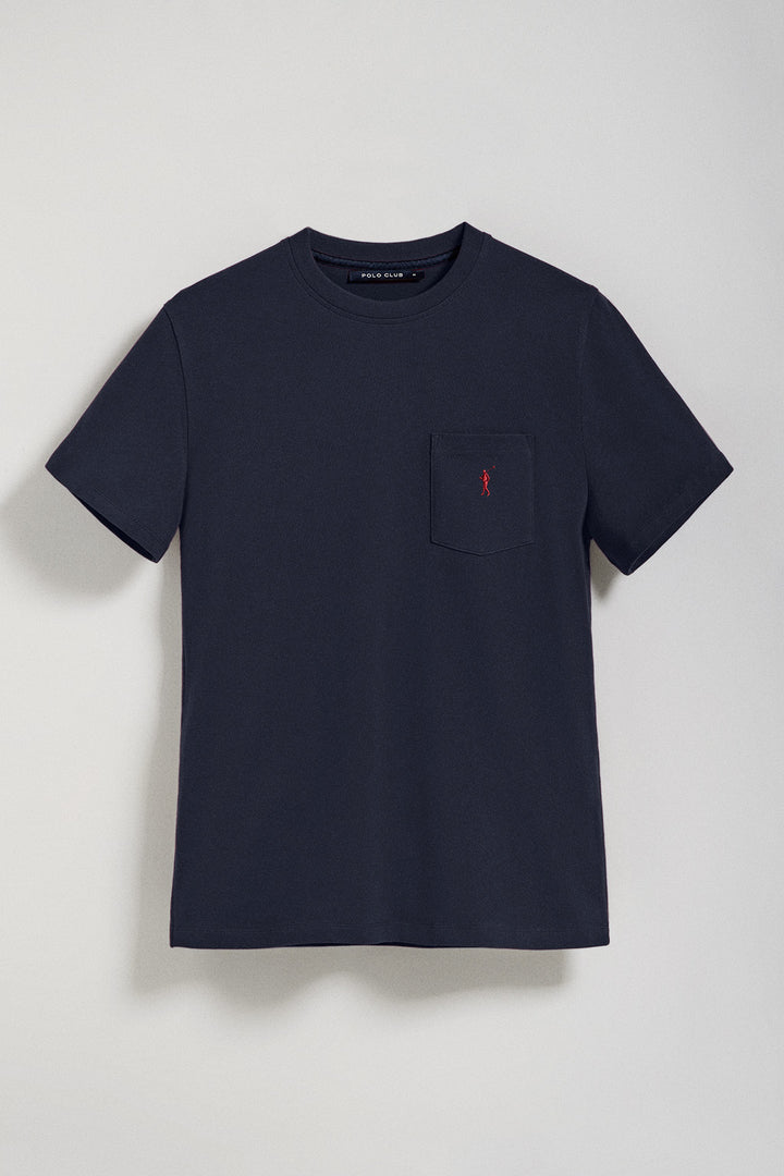 T-shirt azul marinho com decote redondo e bolso no peito com bordado Rigby Go