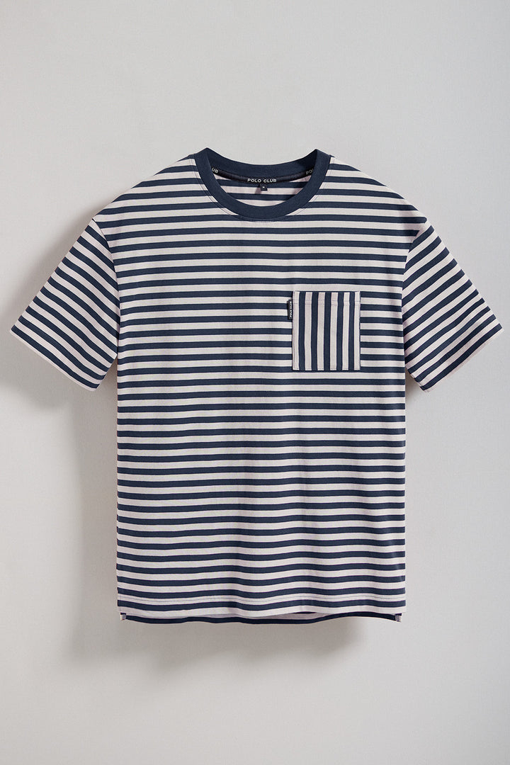 T-shirt às riscas azul e branca tipo marinheiro e bolso Timothée com pormenor Polo Club