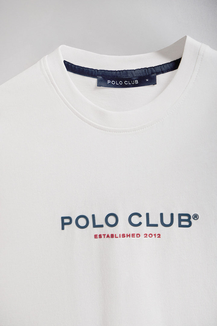 White round-neck tee with Minimal Title Polo Club rubber logo