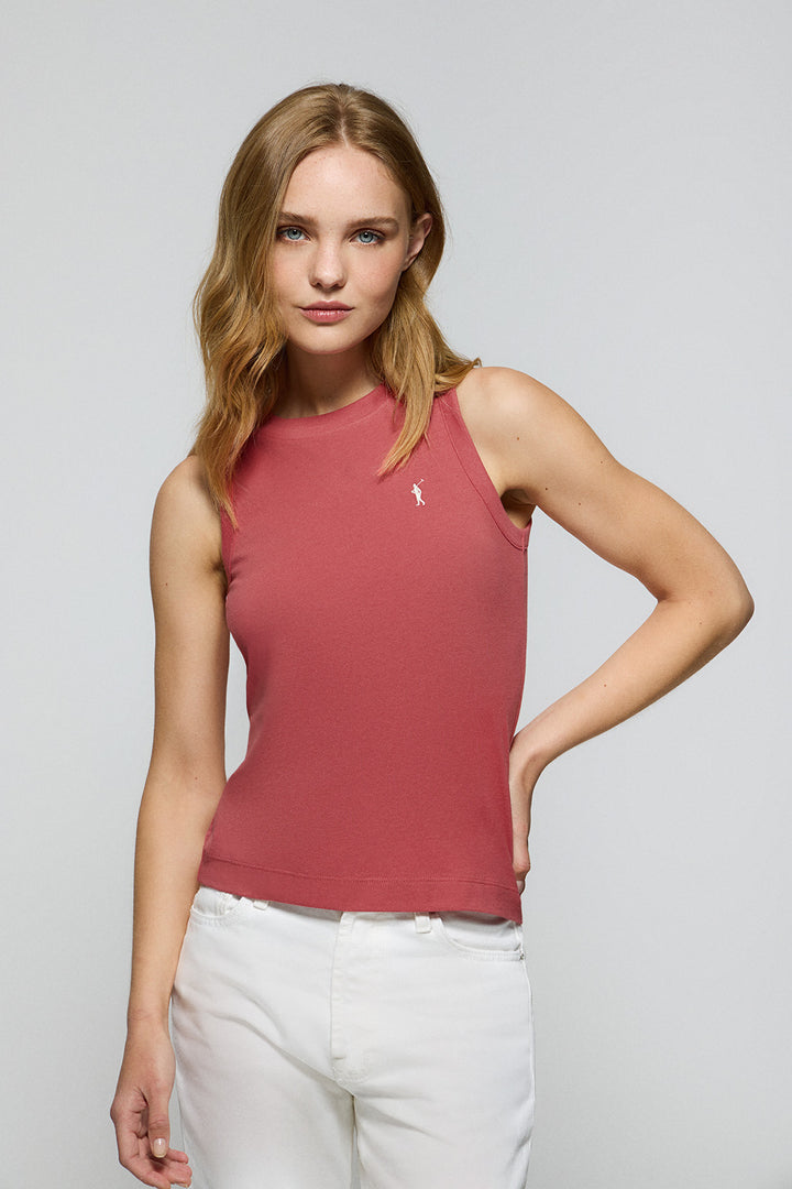 Terracotta sleeveless basic tee with round neck and Rigby Go embroidered logo