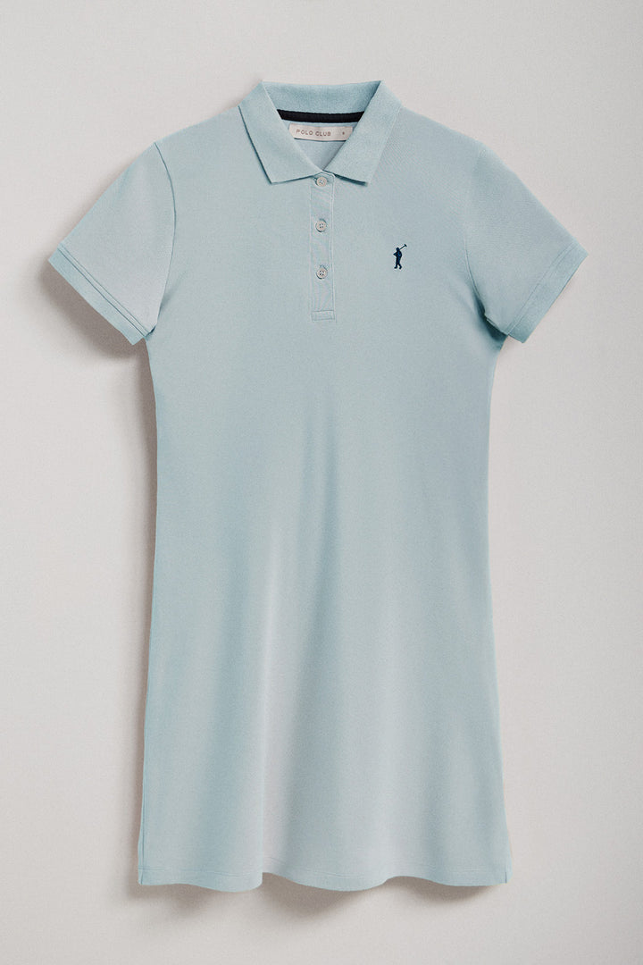 Baby-blue short-sleeve popover dress with Rigby Go embroidery