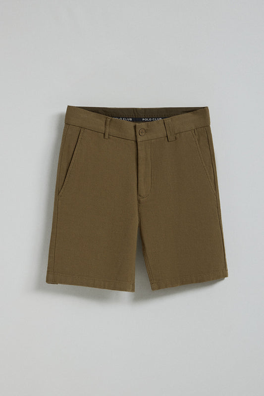 Pantalón corto Bali de lino y algodón color verde caqui con detalles bordados Polo Club