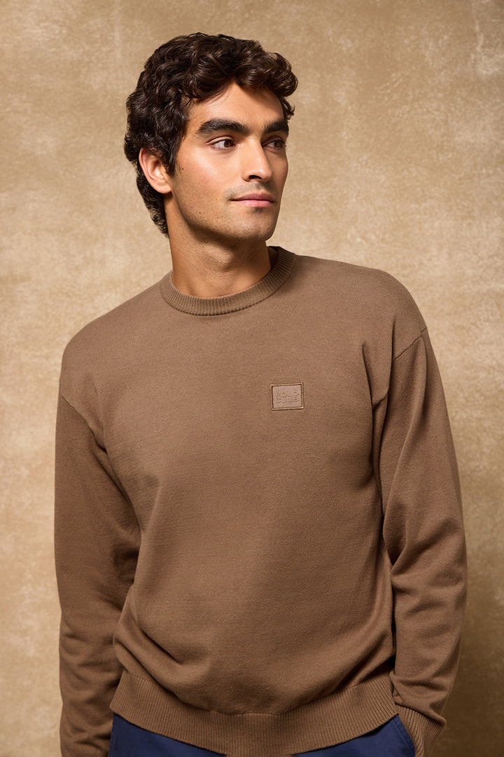 Camisola de malha Keith castanha com decote redondo e pormenores Polo Club