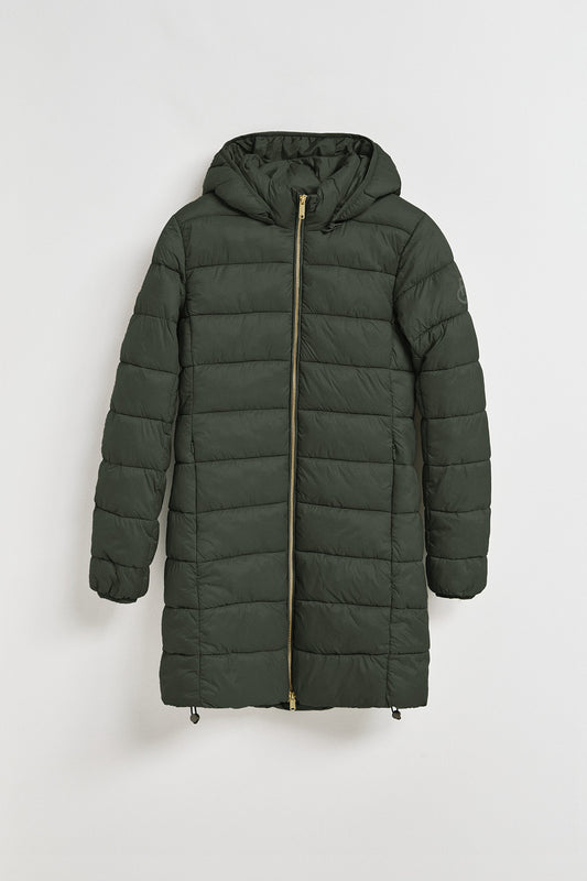 Casaco comprido ultralight verde Cecilia com capuz extraível e bordado PC