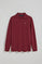 Maroon long-sleeve polo shirt with three buttons and Rigby Go logo