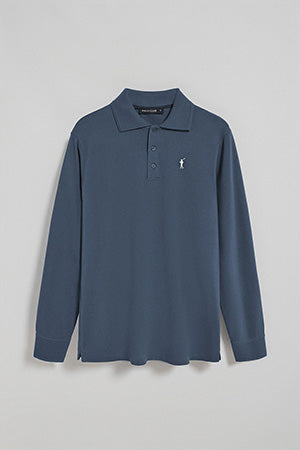 Polo de manga comprida com três botões em azul denim com logotipo Rigby Go