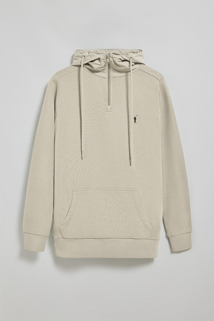 Beige half-zip hoodie with Rigby Go logo