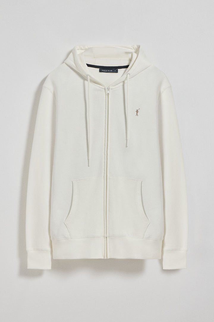 Beige zip-up hoodie with Rigby Go logo