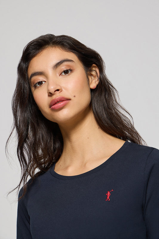 Navy-blue long-sleeve basic T-shirt with Rigby Go logo