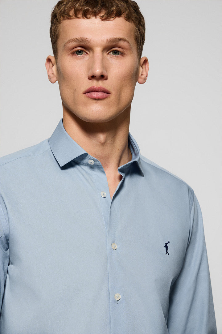 Sky-blue slim-fit poplin shirt with Rigby Go embroidered logo