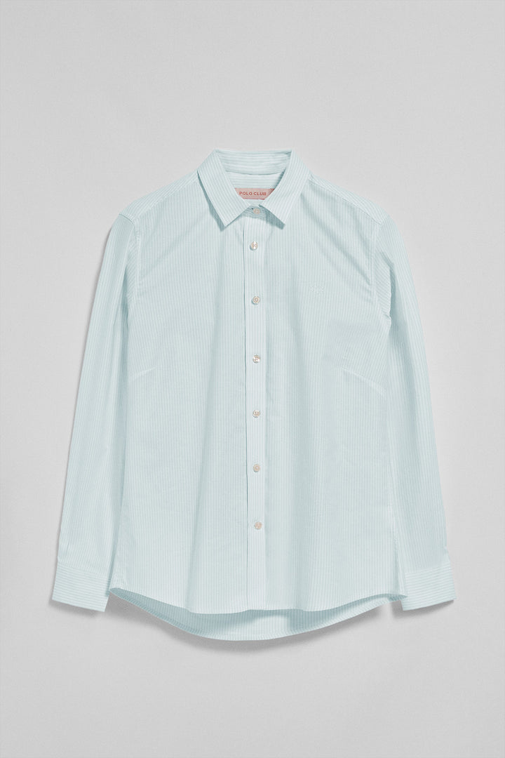 Camisa às riscas em cor água-marinha com logo bordado