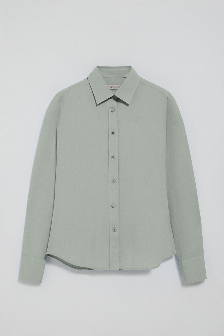Camisa de popelín garment dye verde oscuro con logo bordado