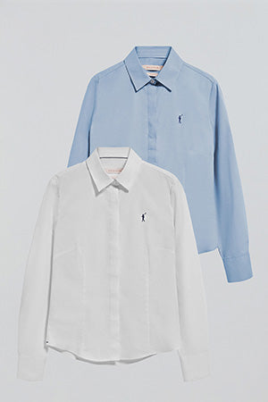 Pack mujer de dos camisas azul celeste y blanco con logo Rigby Go