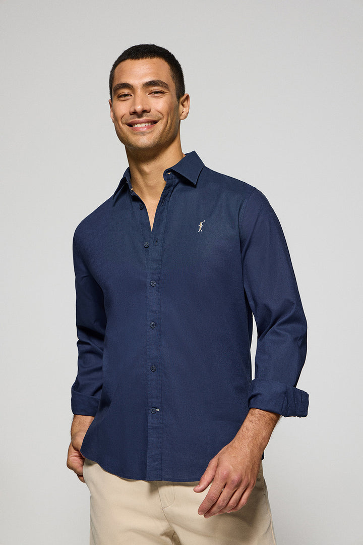Camisa azul marinho regular de linho e algodão com bordado Rigby Go