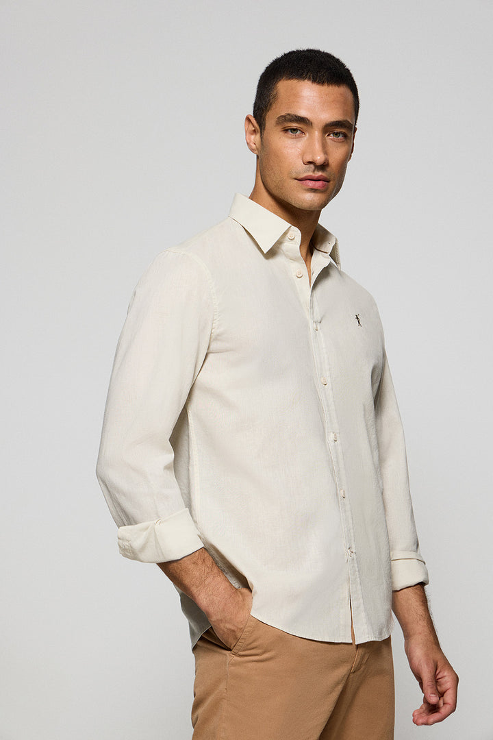 Beige regular-fit shirt in linen and cotton with Rigby Go embroidery