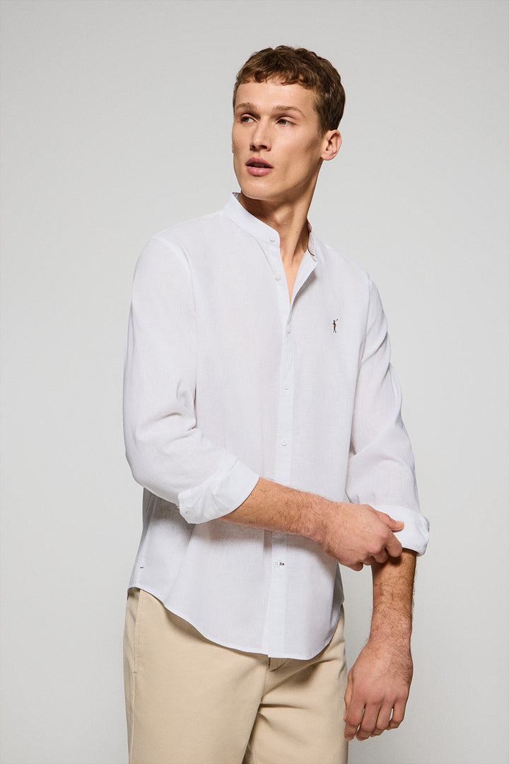 White Mandarin-collar shirt in linen and cotton with Rigby Go embroidery