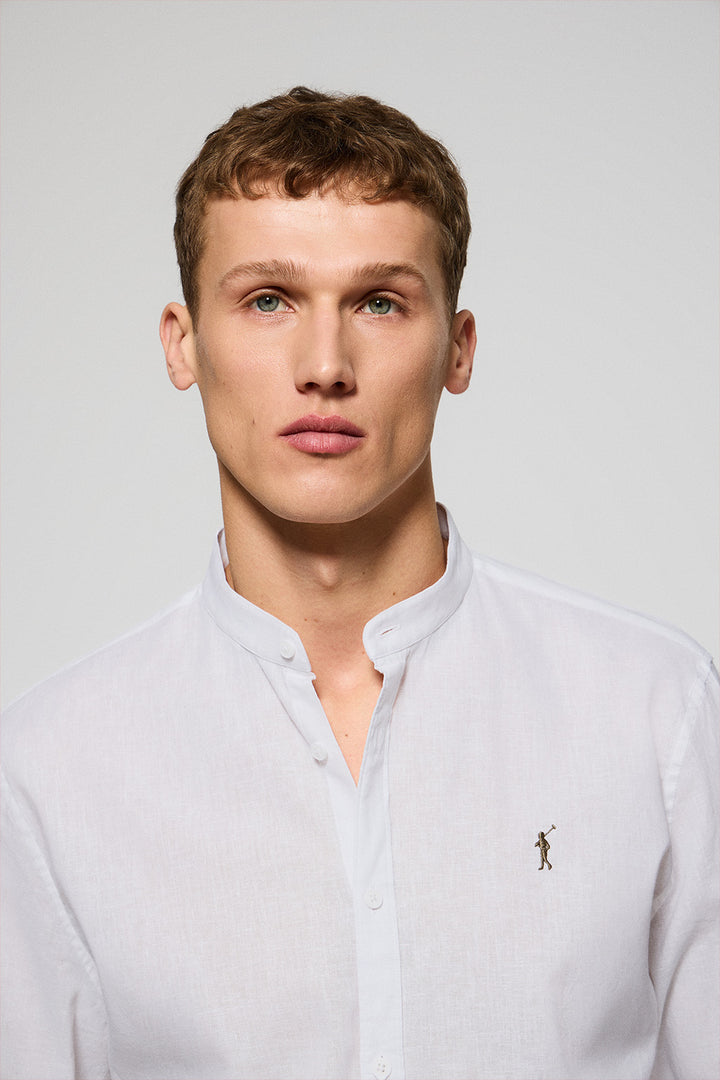 White Mandarin-collar shirt in linen and cotton with Rigby Go embroidery