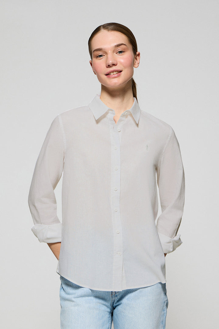 Camisa blanca de lino y algodón regular fit con bordado Rigby Go