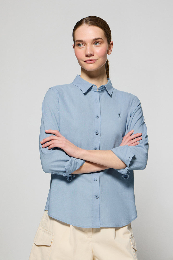 Camisa azul celeste de linho e algodão regular fit com bordado Rigby Go