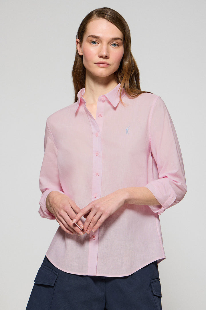 Pink regular-fit shirt in linen and cotton with Rigby Go embroidery