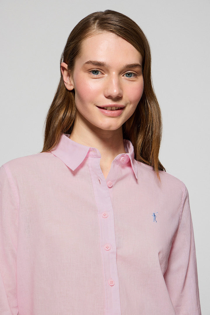 Pink regular-fit shirt in linen and cotton with Rigby Go embroidery