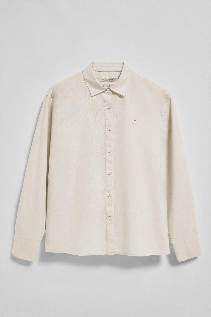 Camisa bege loose fit em linho e algodão com monograma bordado