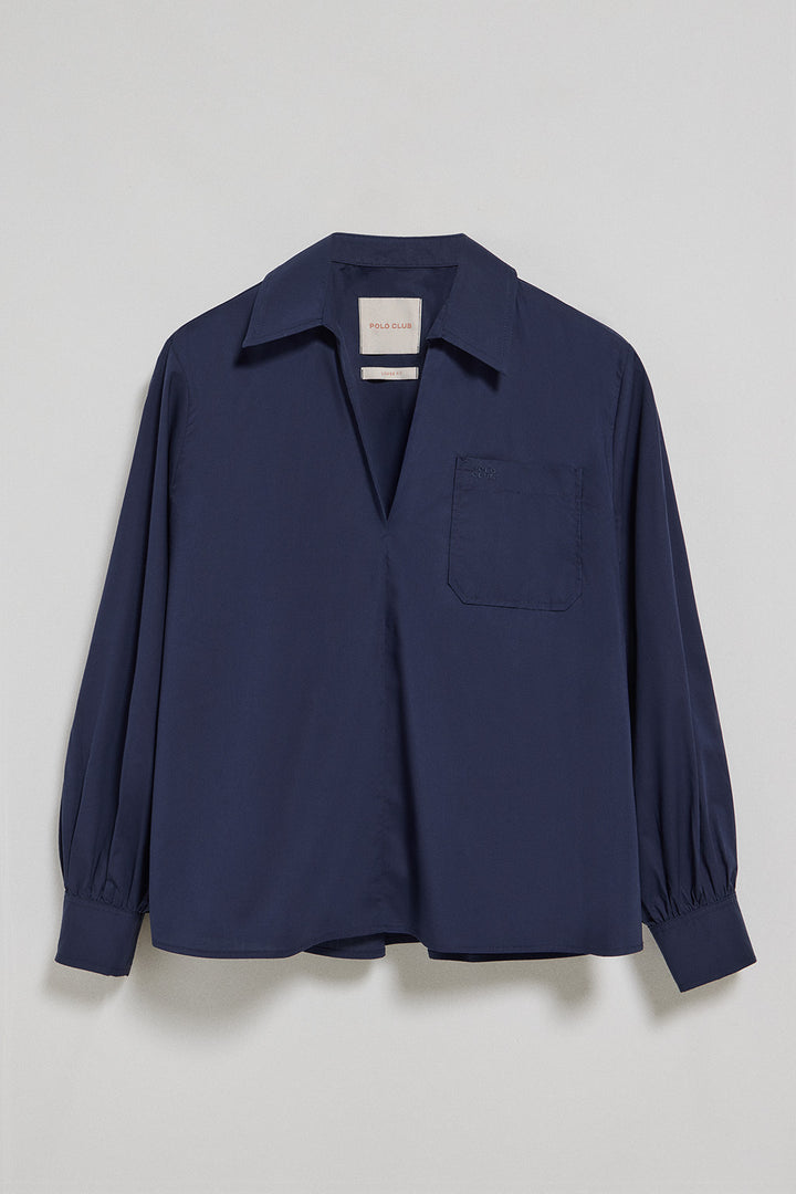 Blusa Solar azul marinho de algodão com pormenor bordado