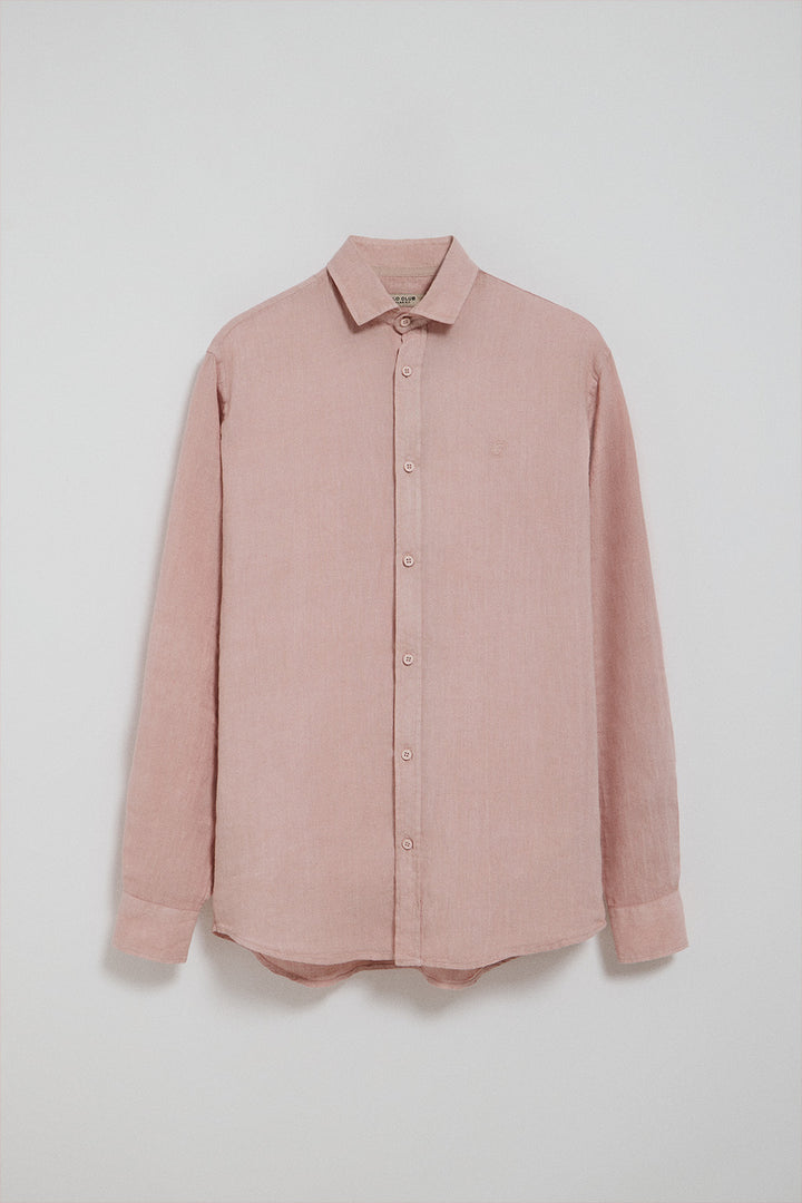 Camisa rosa taupe de linho garment dye com monograma bordado