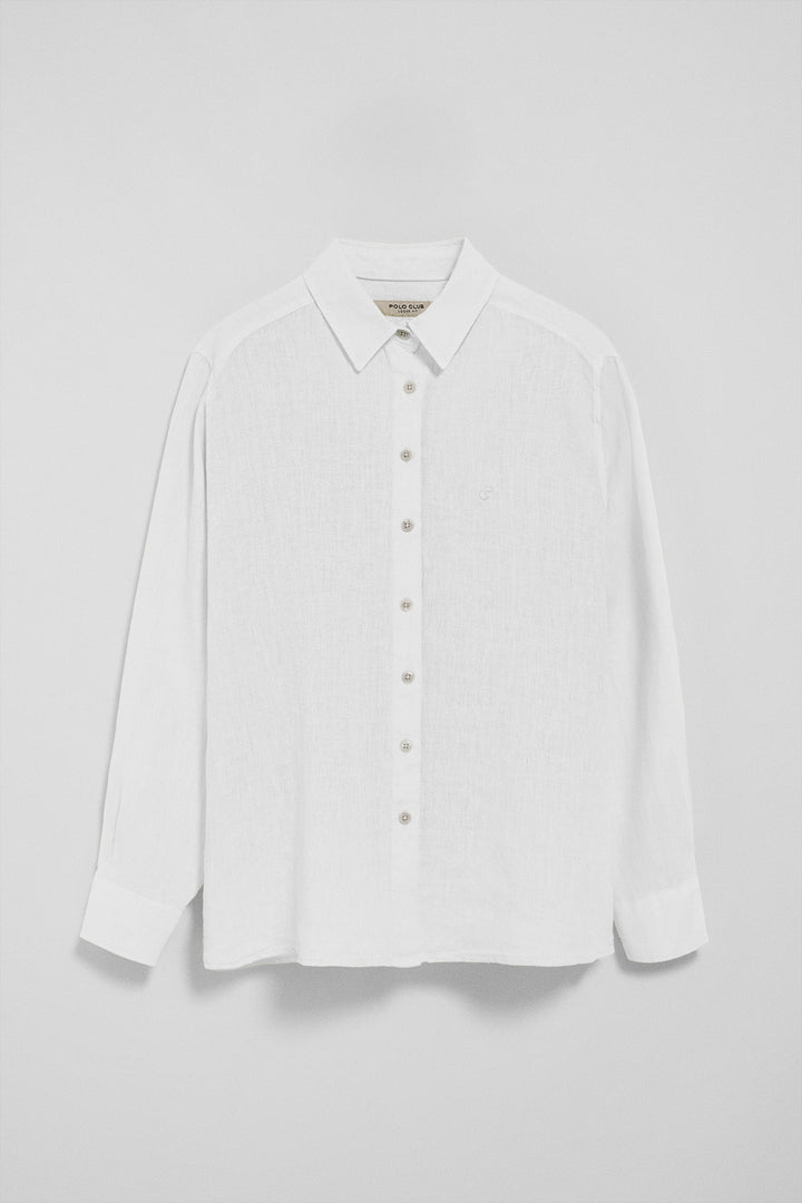 Camisa blanca garment dye de lino con monograma bordado