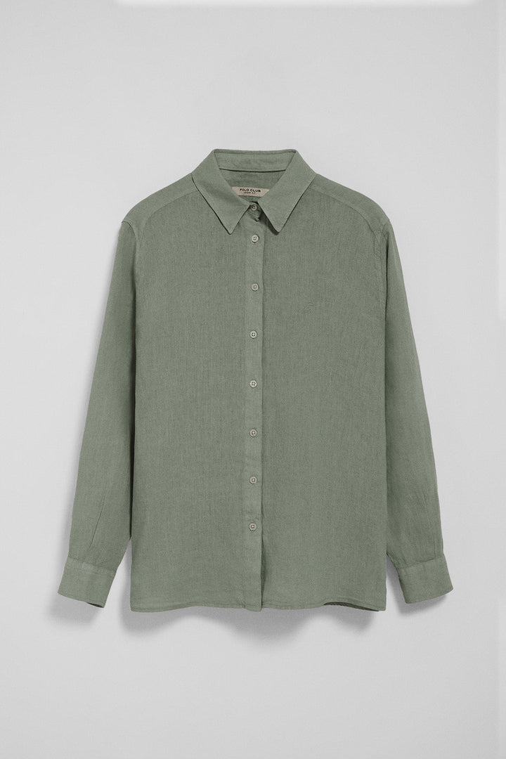 Camisa verde militar garment dye de linho com monograma bordado