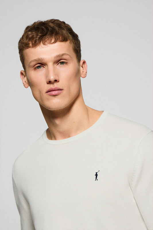 Sweter z dzianiny w kolorze beżowym, z okrągłym dekoltem i wyszywanym logo Rigby Go