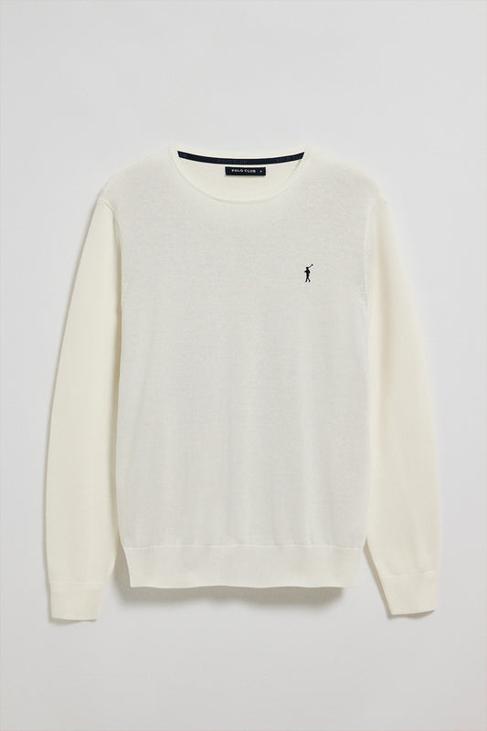 Sweter z dzianiny w kolorze beżowym, z okrągłym dekoltem i wyszywanym logo Rigby Go