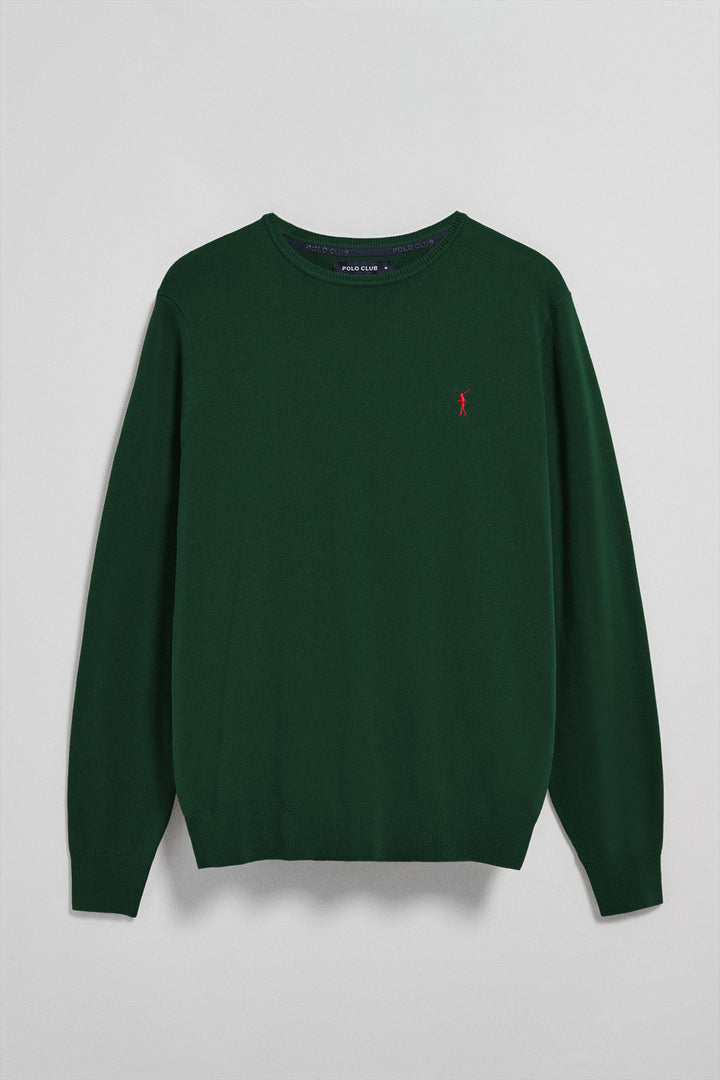 Bottle-green round-neck knit jumper with Rigby Go embroidery