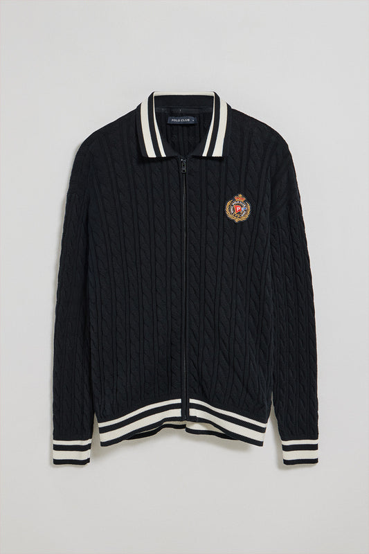 Cardigan azul marinho trançado com fecho de correr e logo náutico