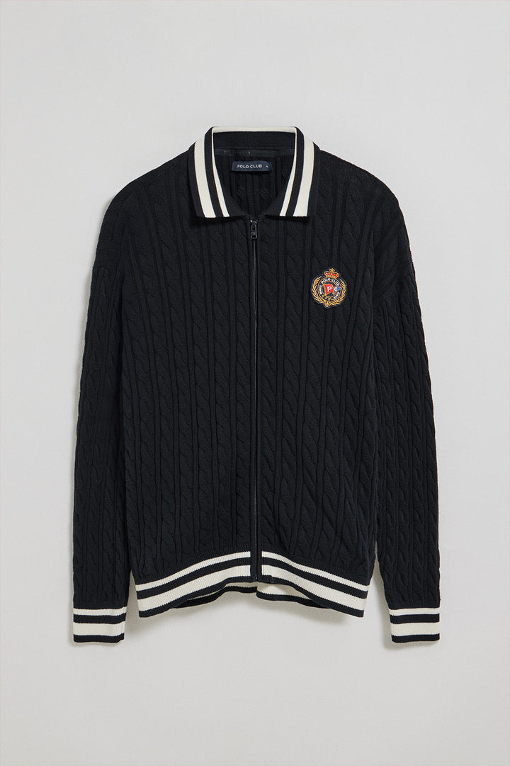 Cardigan azul marinho trançado com fecho de correr e logo náutico