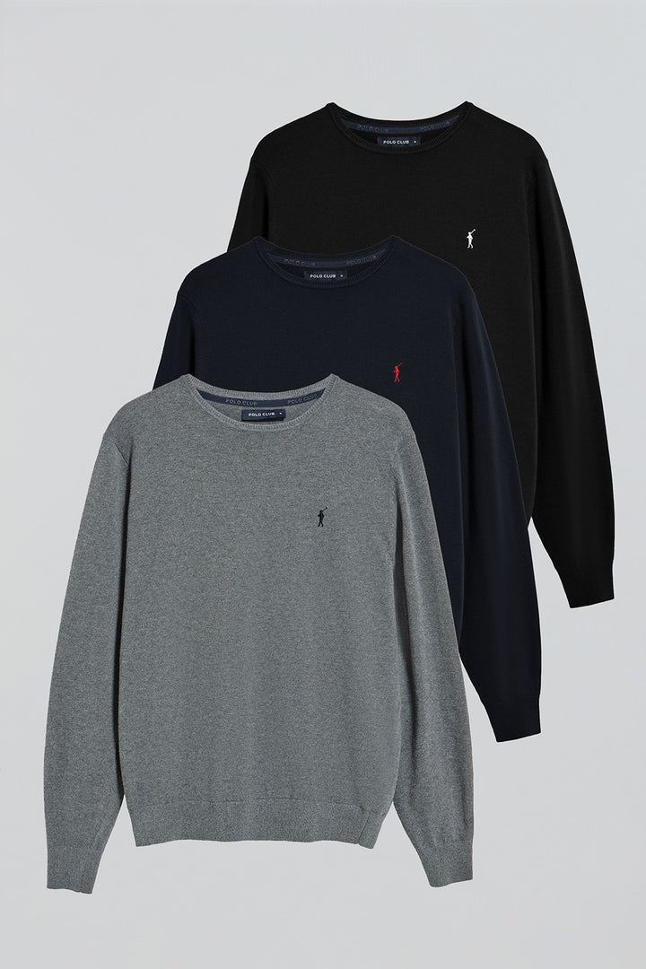 Pack de três camisolas em azul marinho, preto e cinza vigoré de malha, com decote redondo e bordado Rigby Go