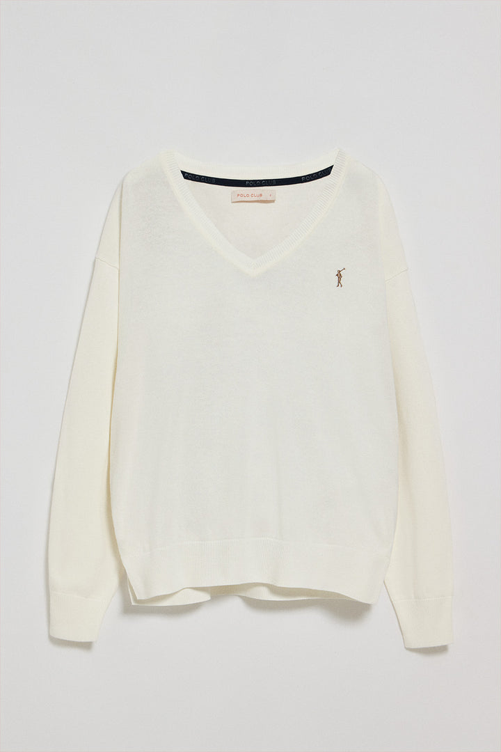 Jersey beige de punto con cuello de pico y logo bordado Rigby Go