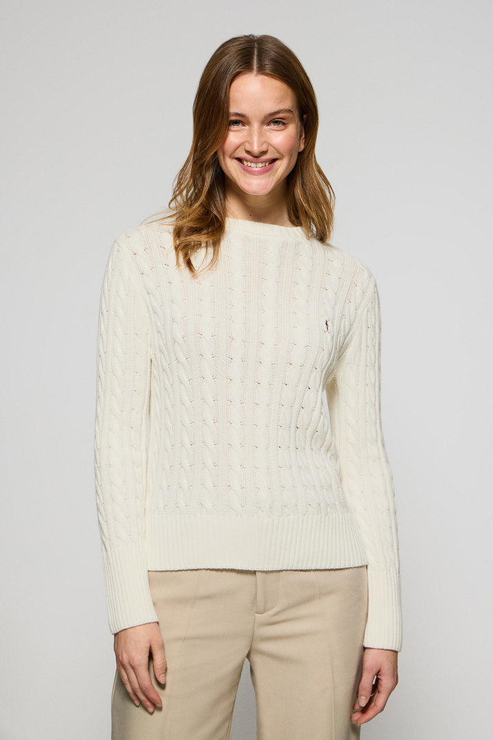 Jersey beige trenzado de cuello redondo y bordado Rigby Go